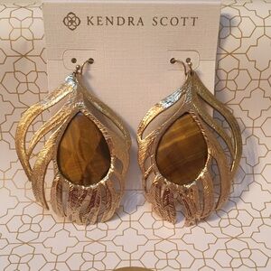 RARE Retired Kendra Scott Elena Tiger's Eye Gold Feather Earrings Early gen
